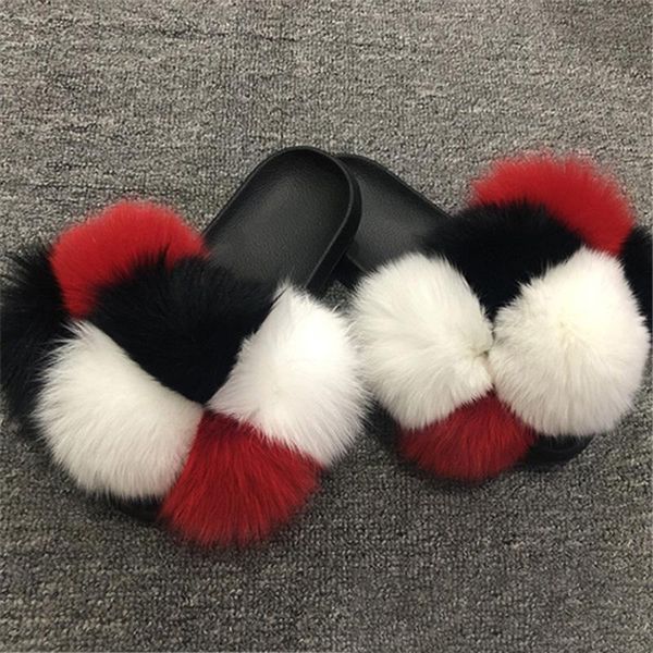 

slippers women fur flip flops shoes flats real slides toddler girls feather slip on summer furry sandals, Black