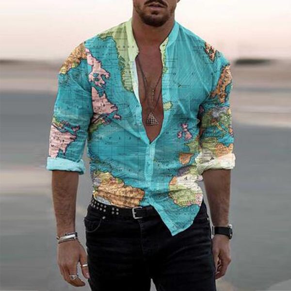 

men's casual shirts 2021 spring autumn men's vintage map printed long sleeve slim for men turn-down collar buttoned shirt fashion, White;black