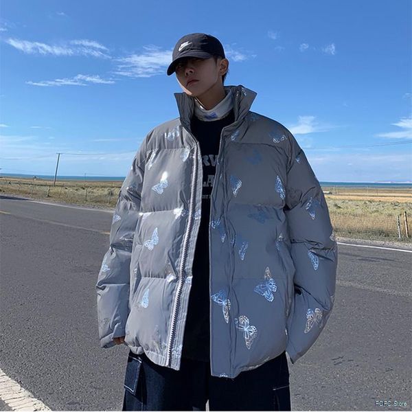 

men's down & parkas man&woman harajuku shiny reflective jackets coats men winter padded thick warm coat butterfly flower parka, Black
