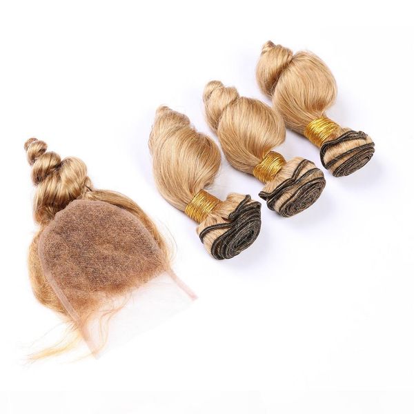 

strawberry blonde loose wave hair bundles with closure pure 27 honey blonde malaysian wavy human hair weaves 3bundles with lace closure 4x4, Black