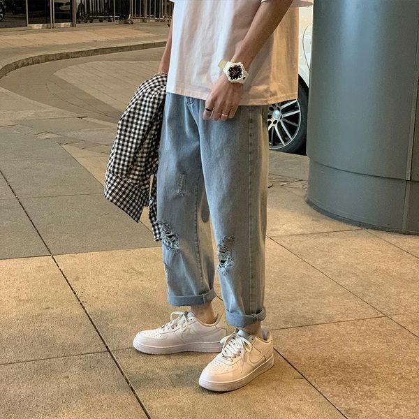 

summer ripped jeans men korean fashion loose casual straight jeans men harajuku streetwear hip-hop wild denim trousers, Blue