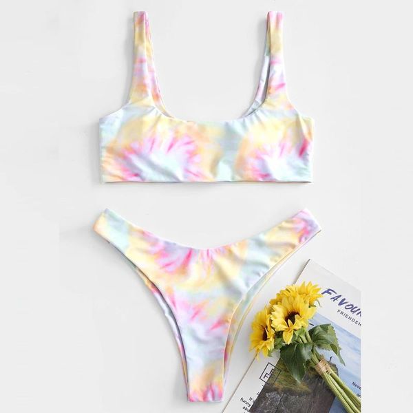 

women bikini tie-dye print set swimsuit two piece filled bra swimwear beachwear