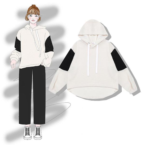 

women's hoodies & sweatshirts 2021 fashion autumn and winter lazy style loose thick lamb hood, Black