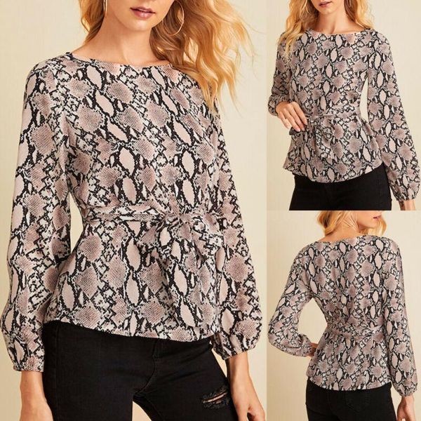 

women's t-shirt fashion women full sleeve loose shirt casual snakeskin print, White