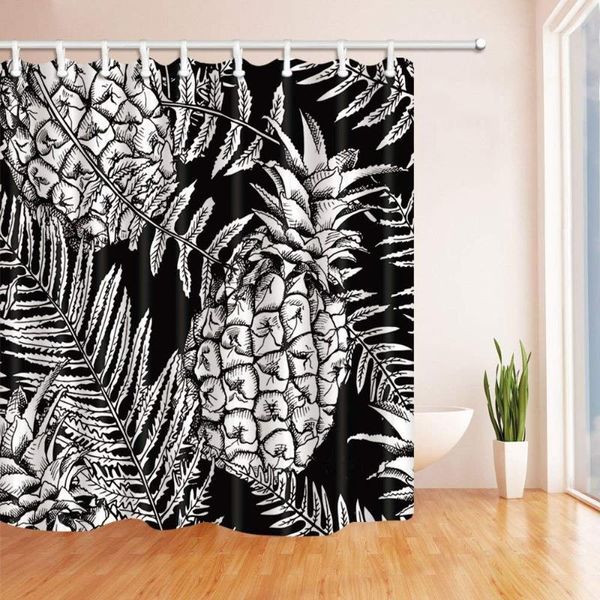 Duş Perdeleri Siyah ve Beyaz Ananas Banyo Perdesi Polyester Kumaş Su Geçirmez Kancalar Dahil