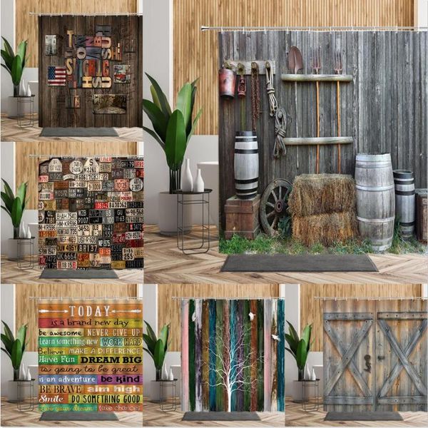 

shower curtains rustic old wooden barn door western bath curtain sets wood stripes bathroom waterproof fabric for bathtub decors