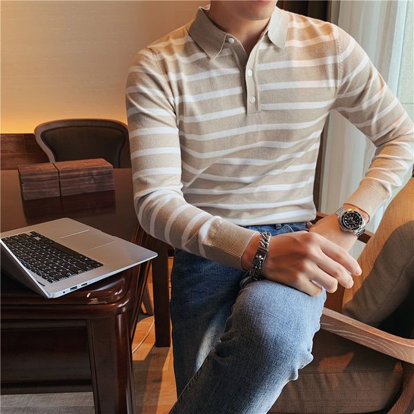 

New British 2021 Style Autumn Turn Down Collar Striped Sweater Men's Clothes All the Long Sleeve Games Casual Mesh Sweaters 5ZFE, White;black