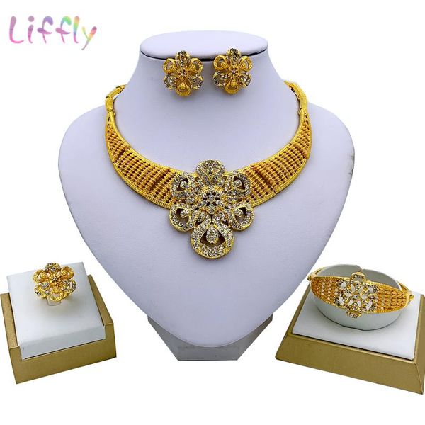

earrings & necklace liffly dubai gold jewelry sets flower women bracelet ring wedding bridal fashion set, Silver
