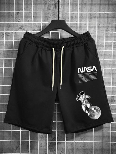

men slogan & spaceman print drawstring waist shorts 42ky#, Black