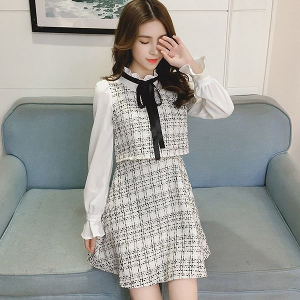 

vintage plaid paty dressed up korean track elegant office fake two shredded pieces tweed dress feminine bow tie long sleeve l0b3, Black;gray