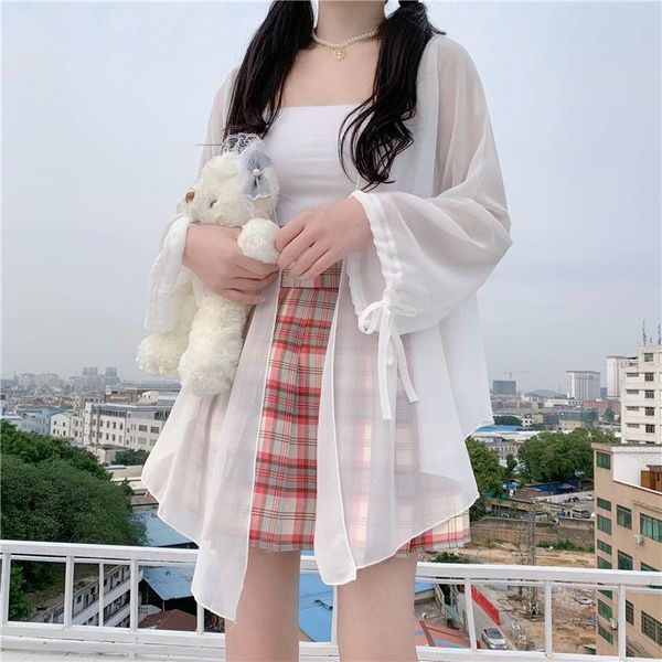 

women's t-shirt summer college style chiffon sun protection shirt long sleeve loose mid-length ins lantern lace-up thin cape, White