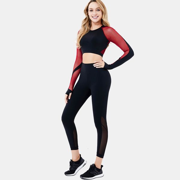 

2021 2 female ensemble with seamless ribs yoga sets women's training clothes high waist sports legging long sleeve syrg, Gray