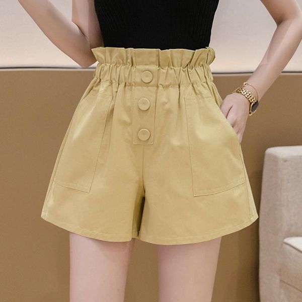 

summer casual pocket button shorts women's 2021 korean wild elasticated chic shorts loose wide-leg high waist feminino, White;black
