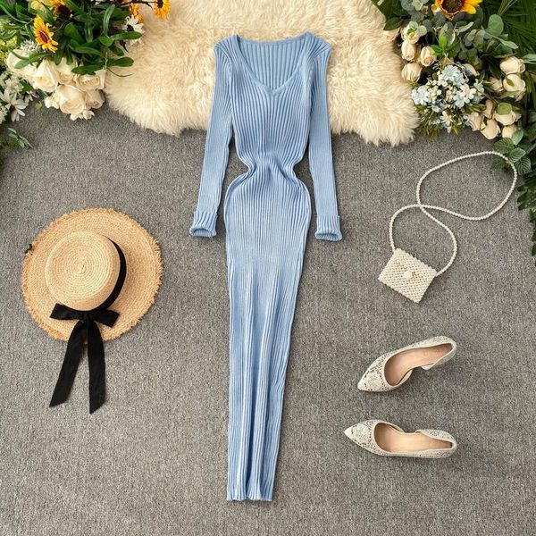 

casual dresses autumn knitted bodycon dress women v neck long sleeve slim elegant midi winter ribbed knit sweater, Black;gray