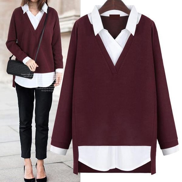 

2021 autumn women fake two piece blouses women shirt vintage turn down collar loose slim blusas mujer plus size 5xl, White