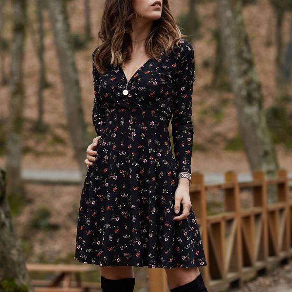 

2021 new spring elegant v neck women party dress fashion floral print long sleeve mini dress casual ladies slim a-line dresses vestido xl, Black;gray