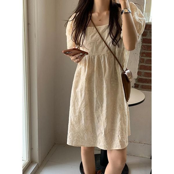 

two piece dress [daihe] reserved 2021 summer french square neck jacquard bubble sleeve, White