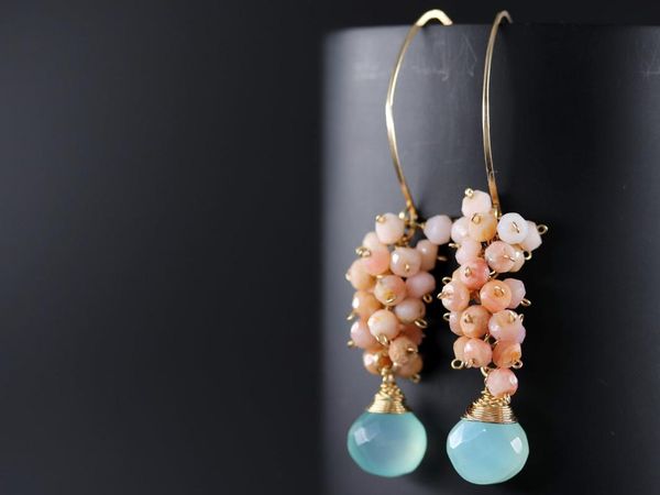 

dangle & chandelier seafoam chalcedony seed pearl earrings handmade gold with clusters, Silver