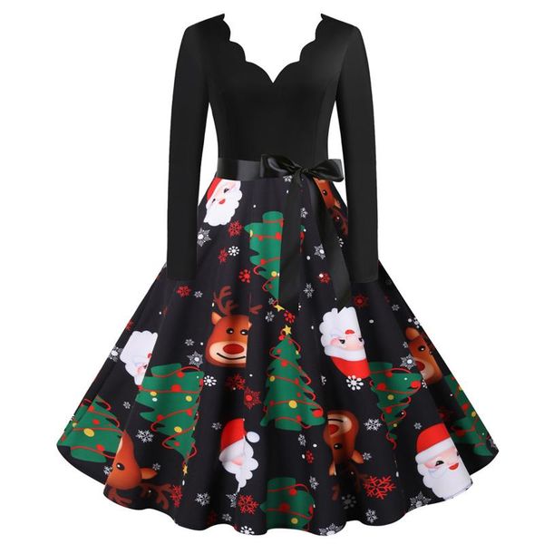 

casual dresses christmas patchwork print party dress women vintage slim waist prom swing lace up v neck long sleeve pleated 40#, Black;gray