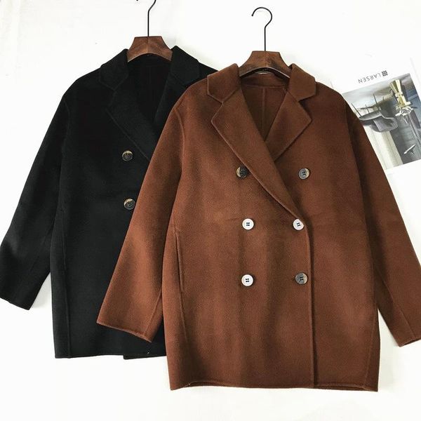

women wollen trench wool blend coat double-sided full wool coat loose woolen women's 2021 fall winter new, Black