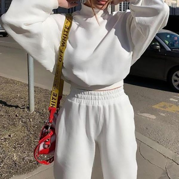 

women's two piece pants 2-piece set spring and autumn temporary jacket elastic waist street casual wear solid trolley complete, White