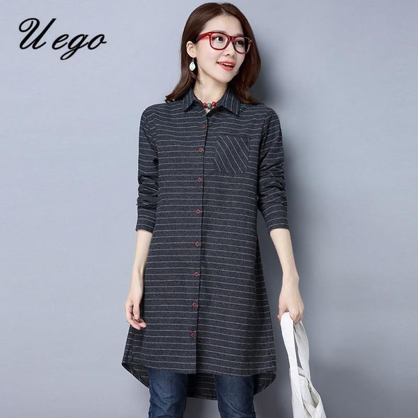 

casual dresses uego korea style fashion shirt blouse dress linen cotton loose striped long sleeve spring short women autumn, Black;gray