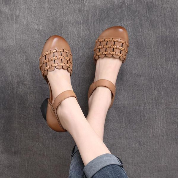 

women leather sandals 5 cm high heels round toe 2021 summer shoes casual sandals handmade genuine leather ankle strap shoes, Black