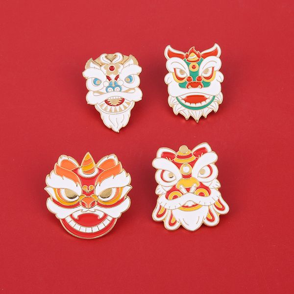 

chinese style lion dance funny lion head brooches set 4pcs gold plated enamel animal badges for boys alloy pin denim shirt jewelry gift bag, Gray