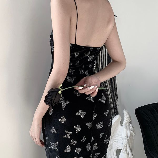 

spaghetti straps bodycon long dress women split sleeveless backless butterfly print party dress female maxi dress, Black;gray