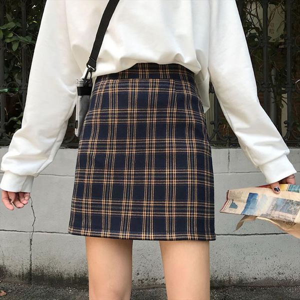 

plaid high waist short womens skirts a autumn and winter retro sheath college style, Black