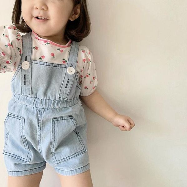 

korean summer new style jumpsuit, western style adjustable elastic waist, men and women, baby casual denim overalls, Blue