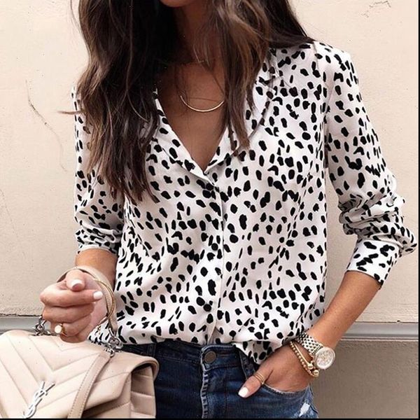 

new 2021 womens summer v neck leopard print button blouse ladies long sleeve shirt hot, White