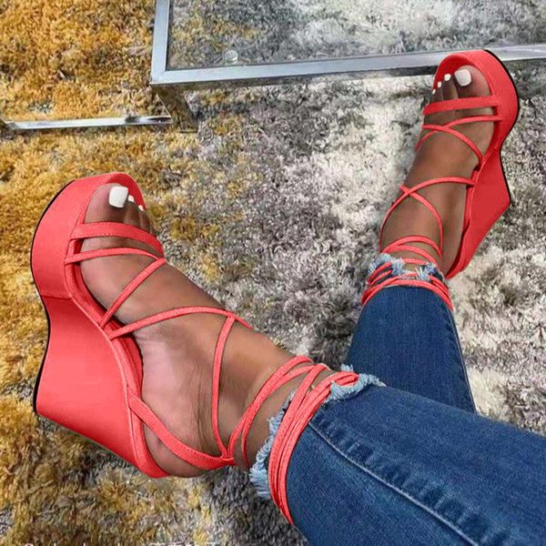 

sandals women's wedge fashion summer suede thin strap cross ankle high heels open toe beach ladies plus size #40, Black