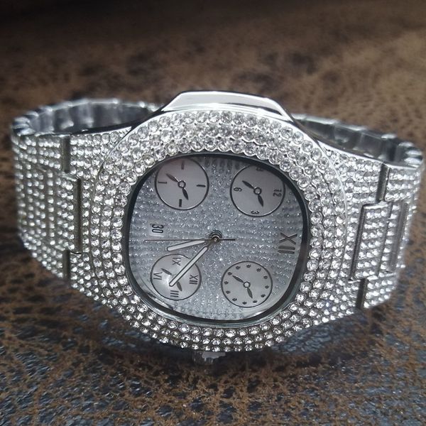 

designer watch brand table luxury es hip hop diamond inlaid fake four eye geneva steel band men's street trendsetter rap trendy watch, Slivery;brown