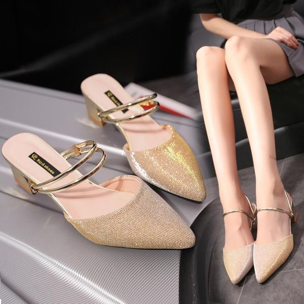 

slippers flat shoes female soft med square heel cover toe luxury slides women heels pantofle comfort block designer high 2021, Black