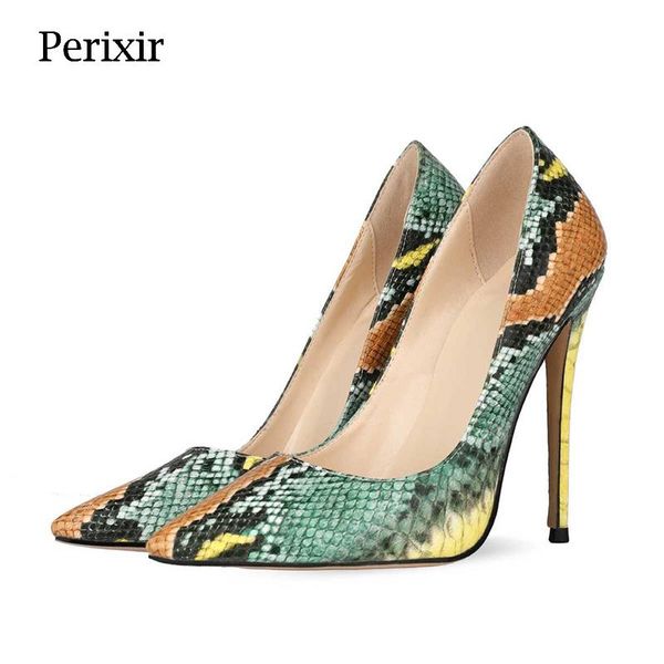 Scarpe eleganti Perixir Tacchi alti da donna Punta a punta Bocca poco profonda Motivo a serpente verde Fashion Party Single 2021 Primavera