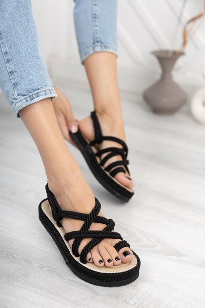 

sandals black straw rope drawstring thick soled women