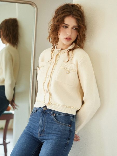 

knit mix contrast stitch pearls beaded crop cardigan c0tq#, White