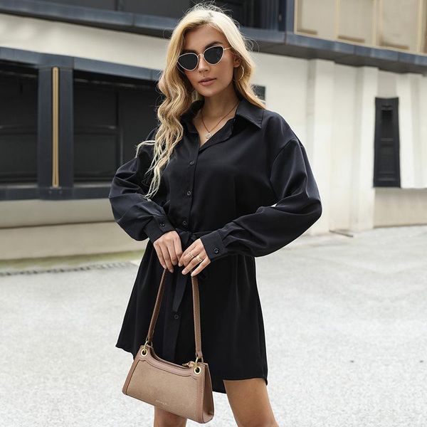 

casual dresses black solid turn-down collar elegant shirt dress for office lady button long sleeve slim waist female mini vestidos, Black;gray