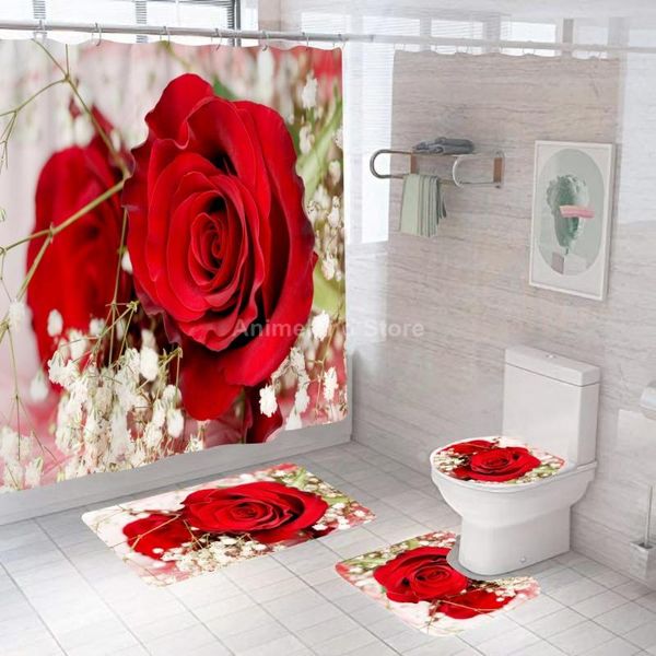 

shower curtains big rose fashion red bathroom curtain bath set toilet cover mat non-slip washroom rug modern 180x180cm