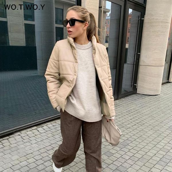 

women's jackets wotwoy cotton liner winter leather jacket women thick windbreakers casual loose warm padded coat female black outerwear, Black;brown