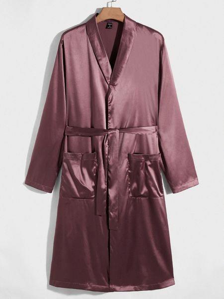 

men shawl collar dual pocket satin belted robe p0rq#, Black;brown