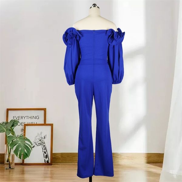 Blue Off Fluis Jumpsuit rucher Широкая нога Sexy Club Party без поясницы длинный фонарь рукав упругая высокая талия боди плюс размер 210527