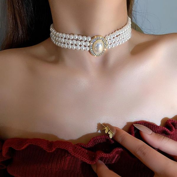 

pendant necklaces vintage elegant 3 layers pearl choker necklace for women girls fashion collar neck chain party aesthetic, Silver