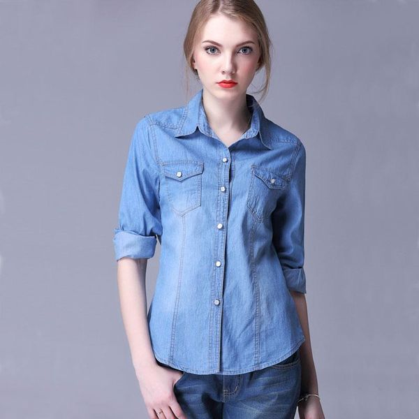 

women's blouses & shirts 2021 fashion plus size denim shirt women long sleeve turn-down collar blouse jeans female cowboy femme, White