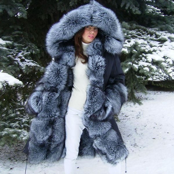 

women's fur & faux ur luxury women real parka natural silver with liling collar winter warm jacket, Black
