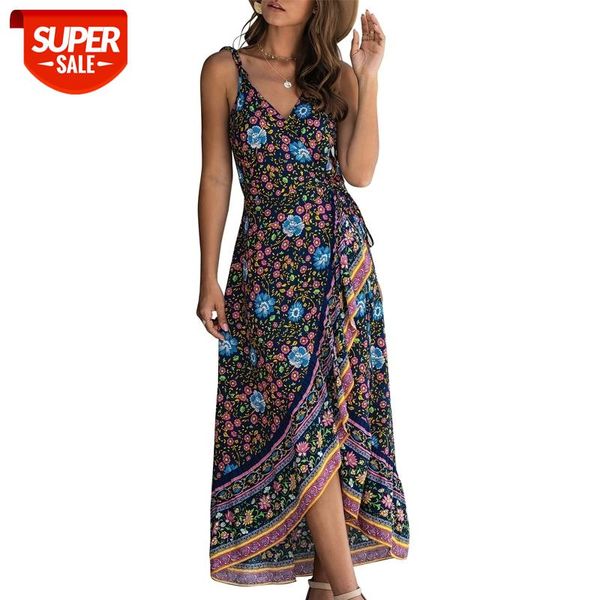 

ruffles women dress vintage flower print boho beach maxi dress summer sling v neck backless lace up irregular sundress lady robe #a19s, White;black