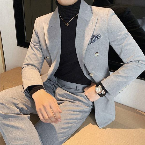 

men's tracksuits men 2021 spring fashion suits double breasted solid color suit coats slim fit for jacket with pants sets w374, Gray