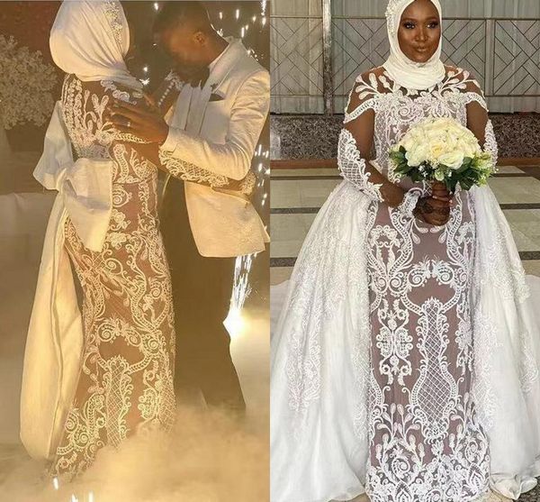 

plus size african nigeria mermaid wedding dresses with detachable lace applique long sleeve nude lining muslim bridal dress robe, White