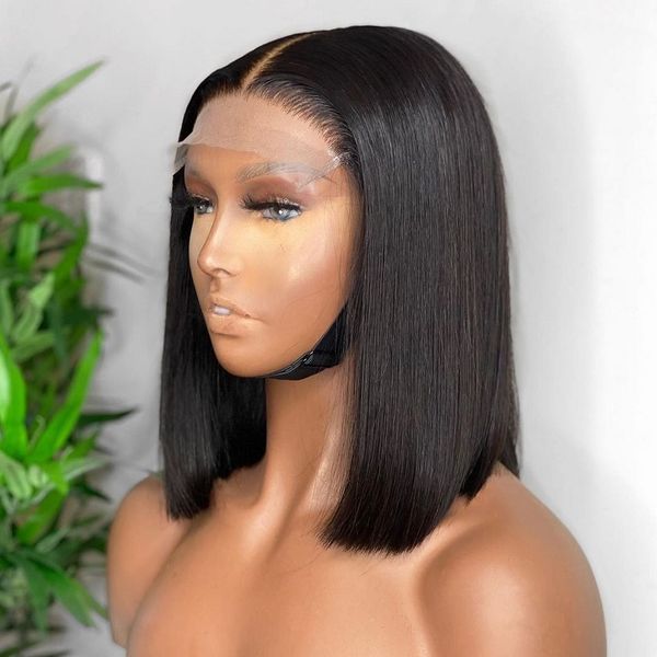 

180density blunt short cut bob lace front wig for women with baby hair silky straight heat resistant pre plucked glueless 14 inch daily cosp, Black;brown